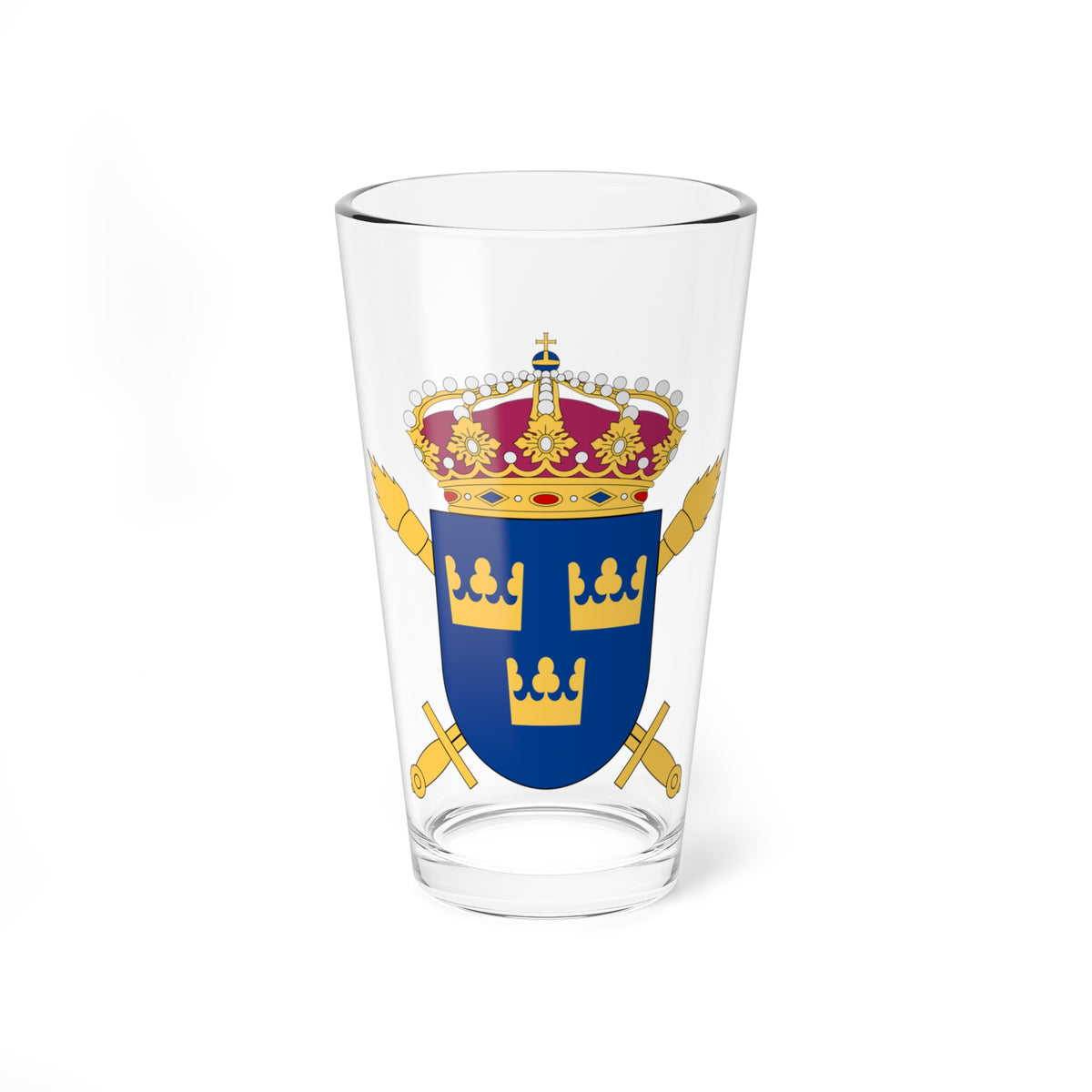 Blue heraldic shield with three gold crowns beneath a royal crown, flanked by gold torches and crossed cannons.