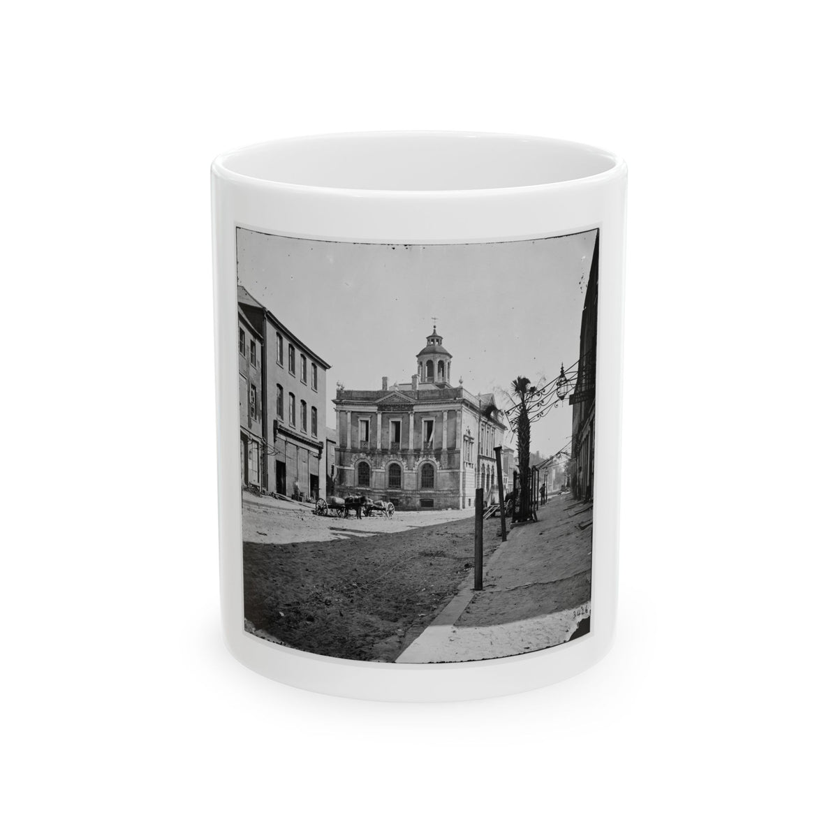 Monochrome 1860s street scene with a domed civic building, a horse-drawn wagon and a palm tree in sunlight.