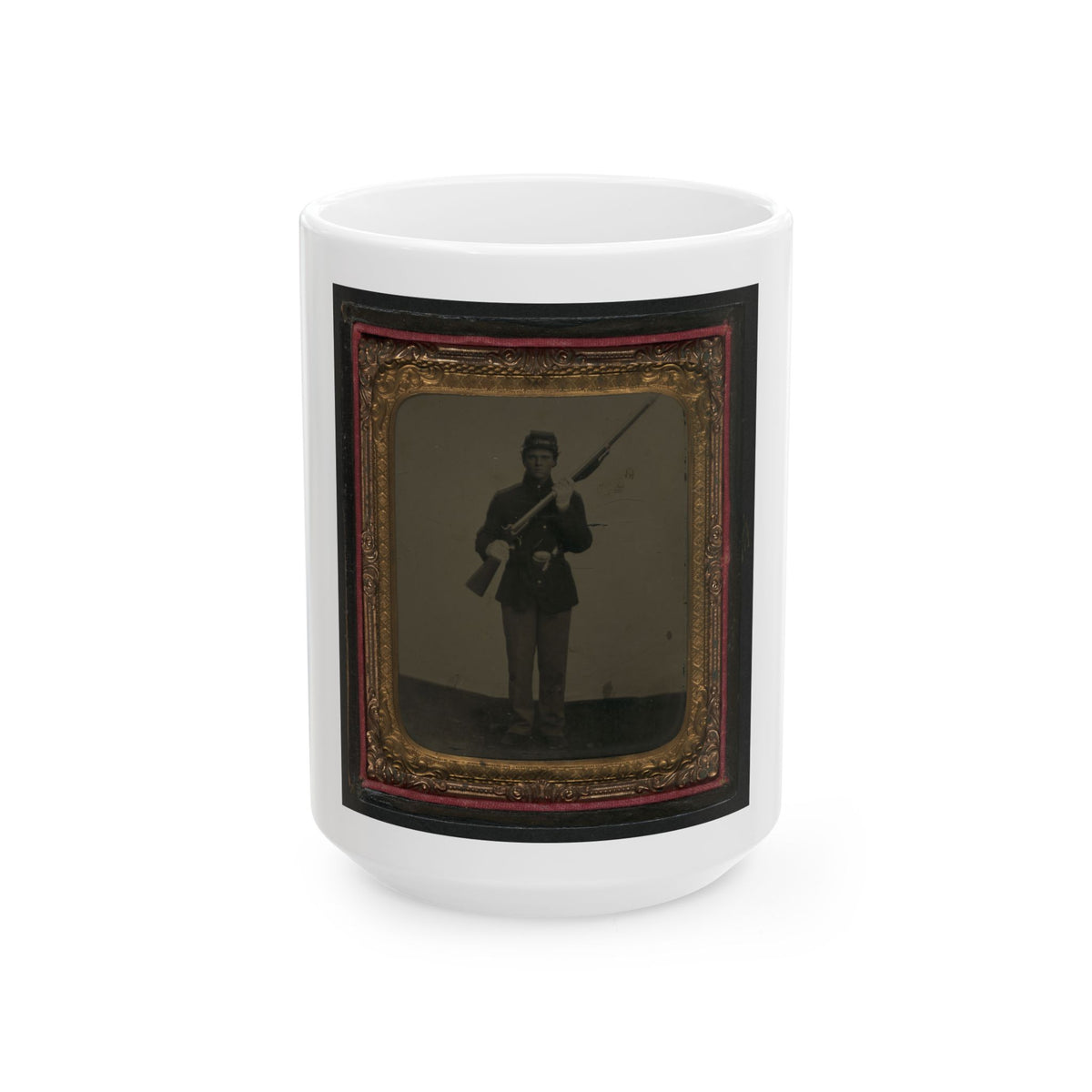 Unidentified Soldier In Union Uniform And Dress Gloves With Musket, Revolver, And Cap Box (U.S. Civil War) White Coffee Mug