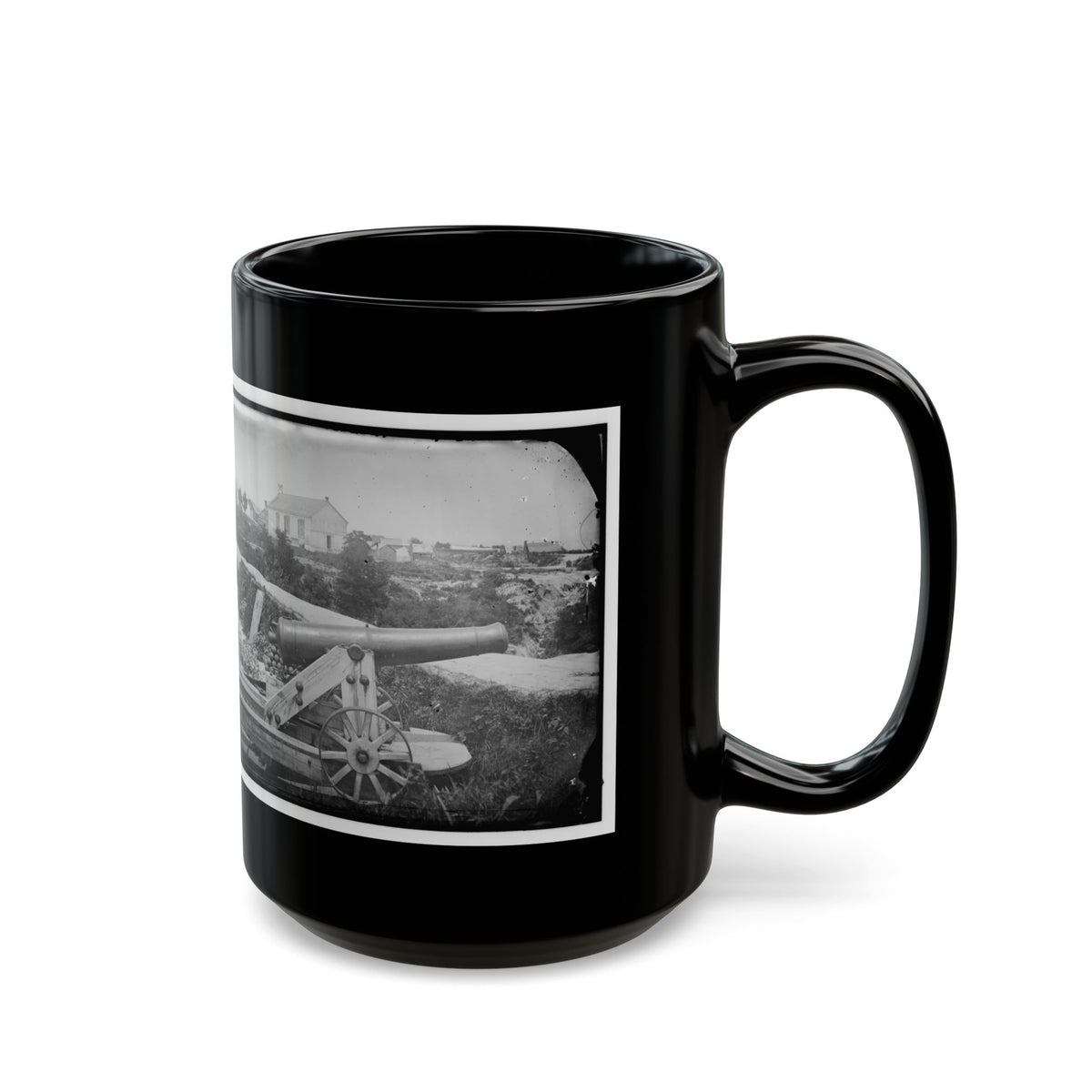 Yorktown, Va. Confederate Naval Gun; In Background Is Nelson Church, Used As A Hospital (U.S. Civil War) Black Coffee Mug