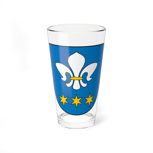 Blue heraldic shield with a white fleur-de-lis bearing a gold band, above a row of three gold stars.
