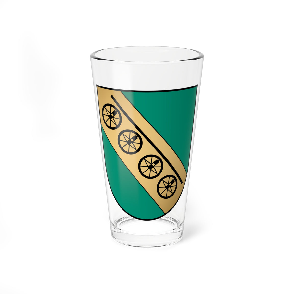 Teal heraldic shield crossed by a gold band of four black spoked wheels, with a thin dark line running along it.