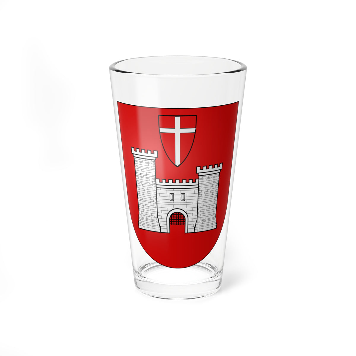 A white stone castle with three towers and a portcullis gate on a red heraldic shield, with a white cross above.