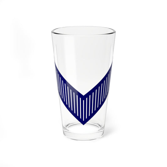Navy downward chevron filled with thin vertical white slits on a plain white background.