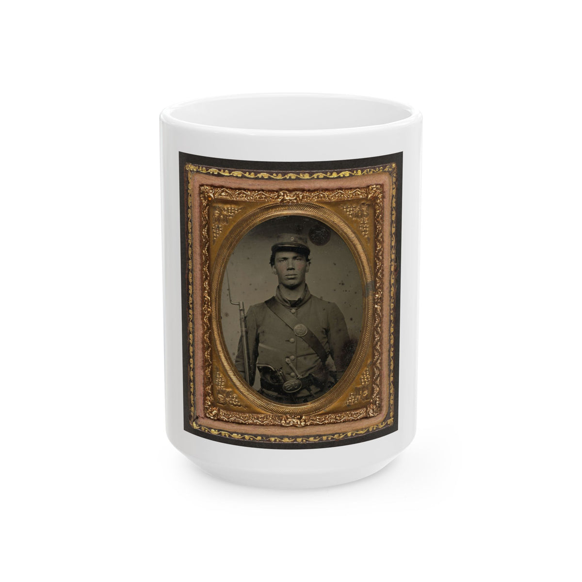Unidentified Soldier In Union Uniform And Company C Hat With Bayoneted Musket, Revolver, Knife, And Cap Box (U.S. Civil War) White Coffee Mug