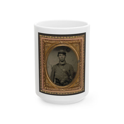 Unidentified Soldier In Union Uniform And Company C Hat With Bayoneted Musket, Revolver, Knife, And Cap Box (U.S. Civil War) White Coffee Mug