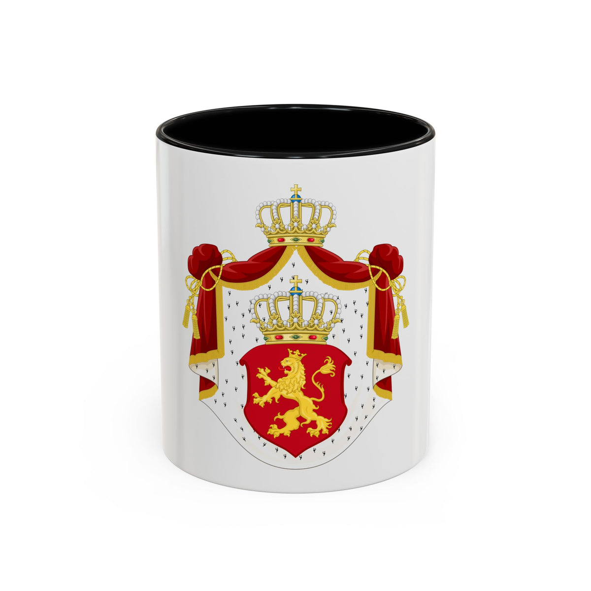 Royal coat of arms with a gold crowned lion on a red shield, topped by a jewelled crown and red drapery with tassels.