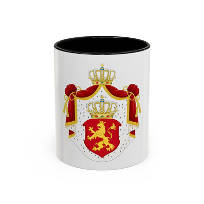 Royal coat of arms with a gold crowned lion on a red shield, topped by a jewelled crown and red drapery with tassels.