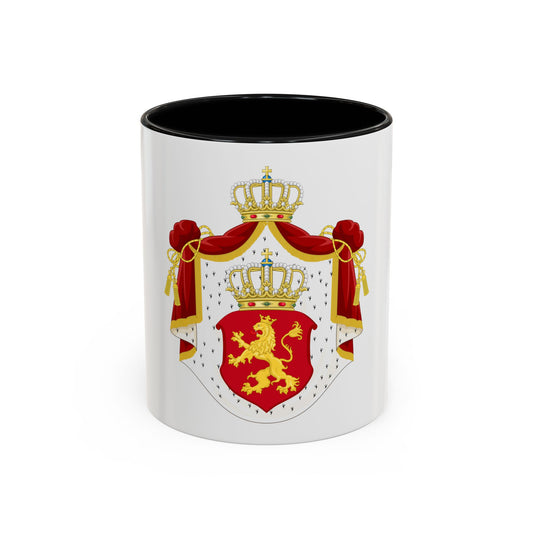 Royal coat of arms with a gold crowned lion on a red shield, topped by a jewelled crown and red drapery with tassels.