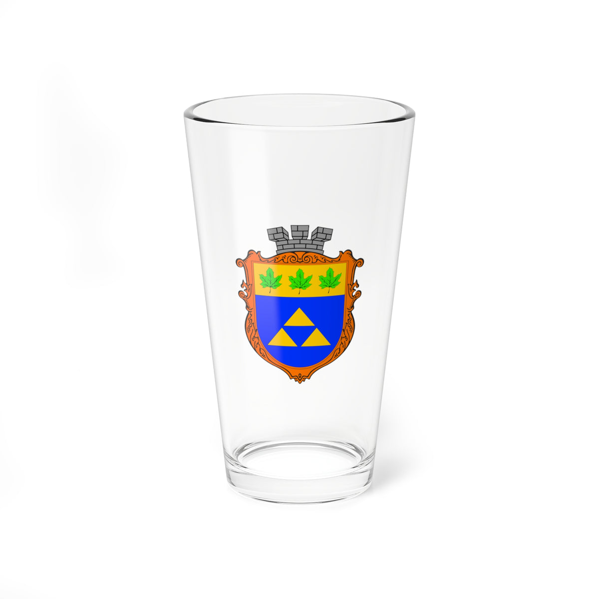 Flat vector coat of arms with three green maple leaves on yellow above three yellow triangles on a blue field.