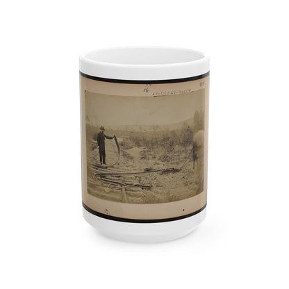 Military Railroad Operations In Northern Virginia  Man Standing On Railroad Tracks Holding Twisted Rail (U.S. Civil War) White Coffee Mug