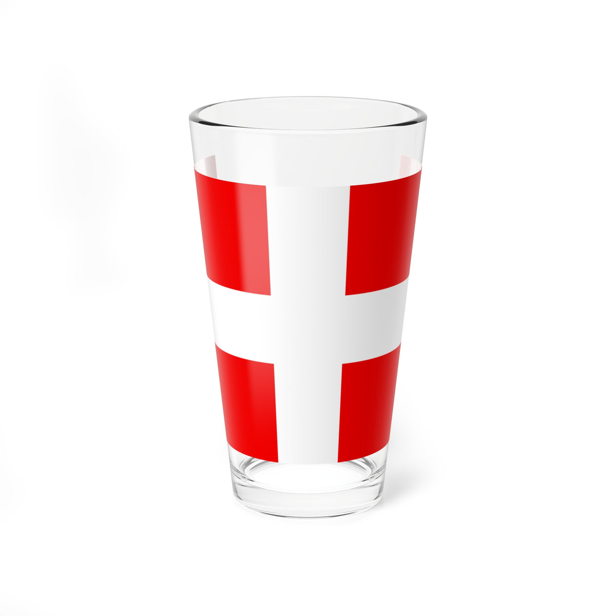 Simple flat vector flag with a bold white cross dividing a red field into four quadrants.