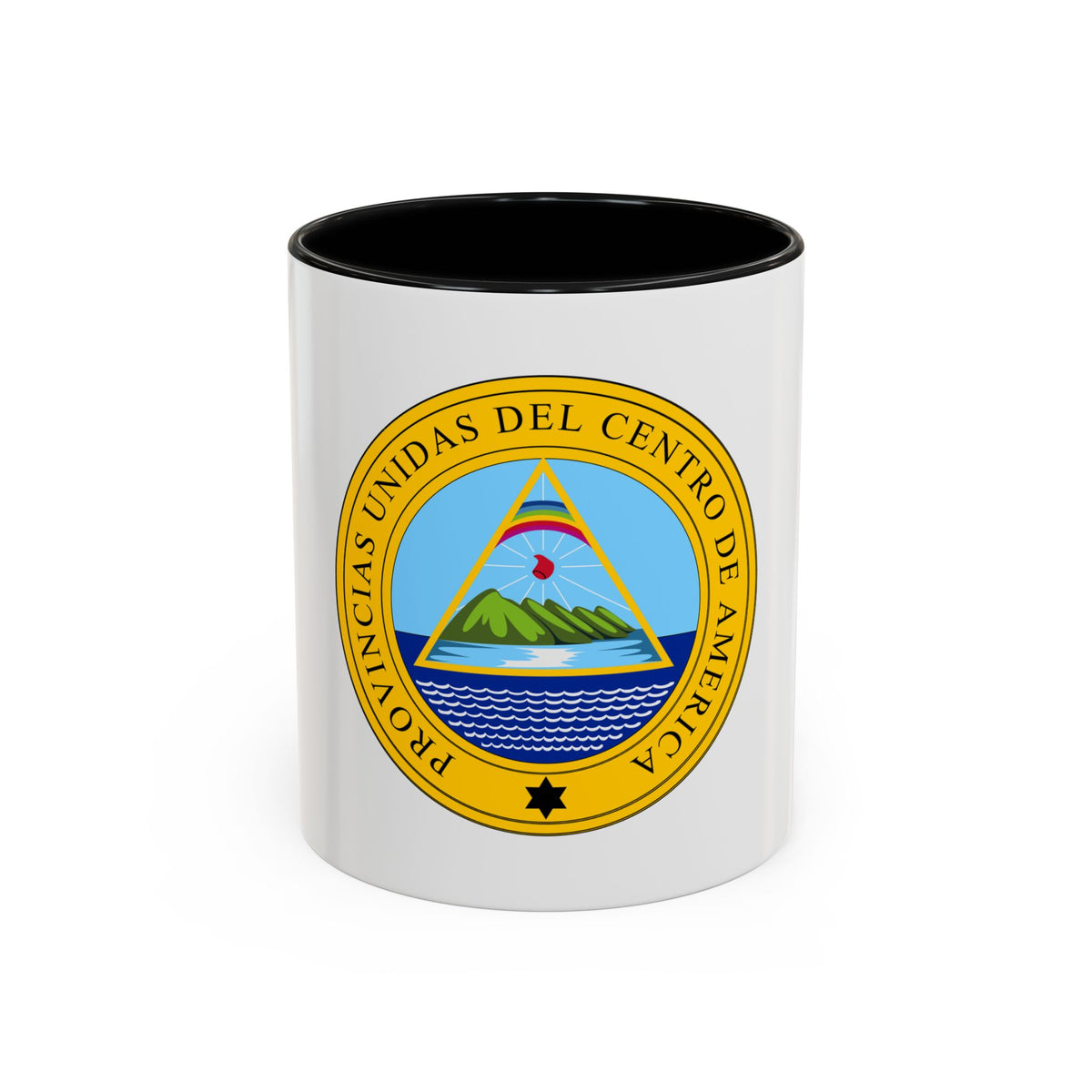 Yellow circular seal with green volcanic islands on a lake, a rainbow and a red cap above blue waves.