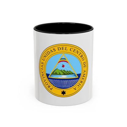 Yellow circular seal with green volcanic islands on a lake, a rainbow and a red cap above blue waves.