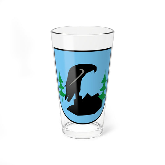 Light blue heraldic shield showing a black eagle perched on a rock between two green fir trees in flat vector style.
