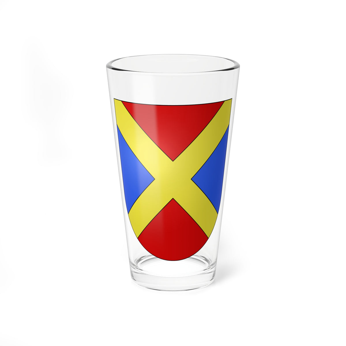 Heraldic shield with a broad yellow saltire over red and blue fields, set on a transparent background.