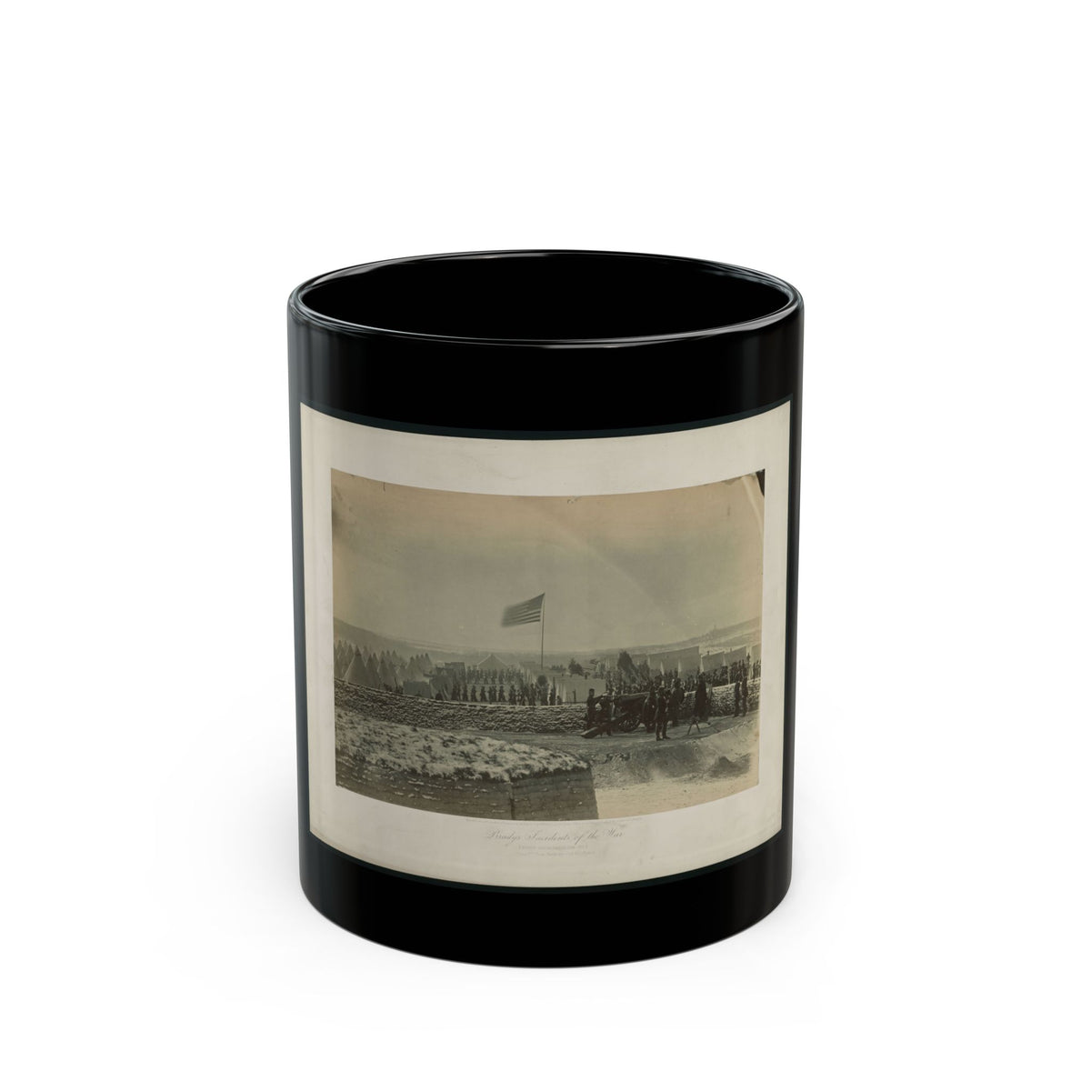Sepia print showing a Civil War encampment with rows of conical tents, a flag, soldiers and a cannon on an earthwork.