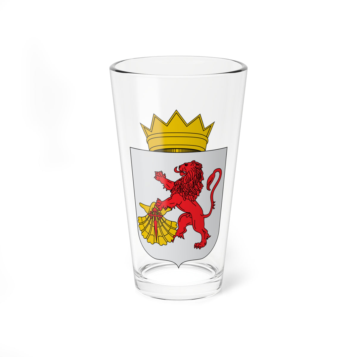 Red lion rampant holding a gold scallop shell with a red sword, under a gold crown on a grey heraldic shield.