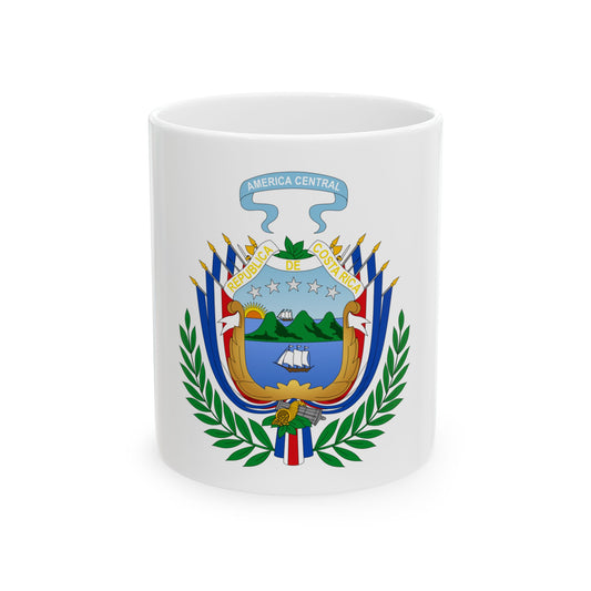Heraldic coat of arms with a sailing ship, green mountains and laurel branches, under a banner reading AMERICA CENTRAL.
