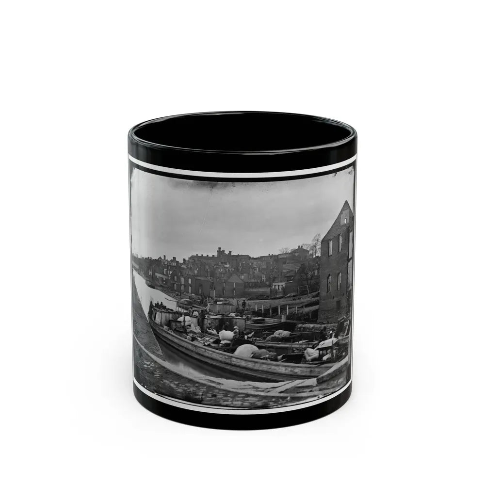 Richmond, Va. Barges With African Americans On The Canal; Ruined Buildings Beyond (U.S. Civil War) Black Coffee Mug-11oz-Go Mug Yourself