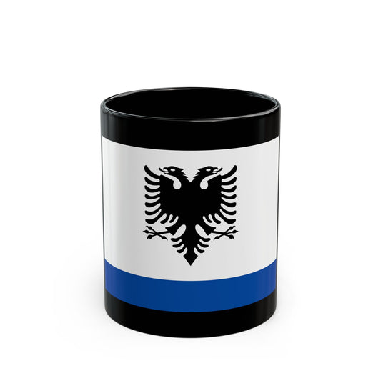 Black double-headed eagle with spread wings centred on a white field above a blue band along the bottom.