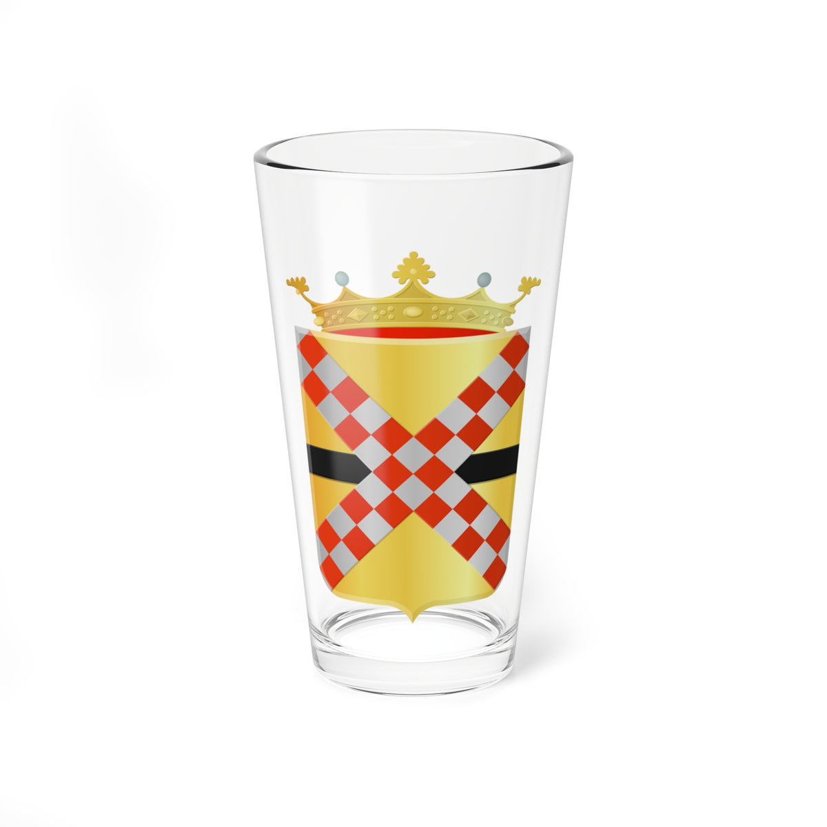 Red and silver checkered saltire with a black bar on a gold shield, topped by a gold crown.