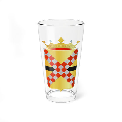 Red and silver checkered saltire with a black bar on a gold shield, topped by a gold crown.