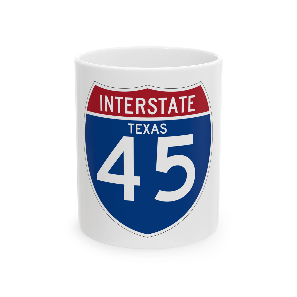 Interstate 45 Texas highway shield in blue, red and white, showing INTERSTATE, TEXAS and the route number 45.