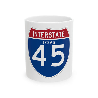 Interstate 45 Texas highway shield in blue, red and white, showing INTERSTATE, TEXAS and the route number 45.