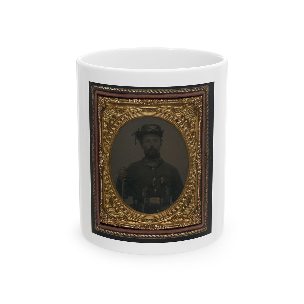 Unidentified Soldier In Union Cavalry Uniform And Hardee Hat With Cavalry Saber And Dual Revolvers (U.S. Civil War) White Coffee Mug