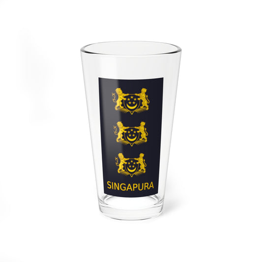 Three stacked gold Singapore coats of arms above the word SINGAPURA on a navy tapered panel.