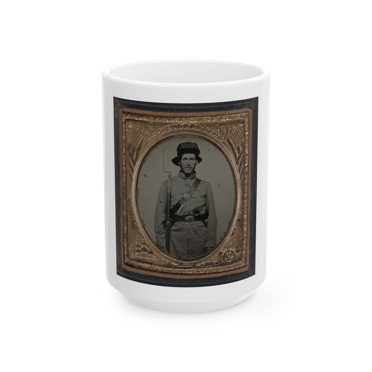 Unidentified Soldier In Union Frock Coat And Havelock Hat Combination With Bayoneted Model 1842 Musket, Knife, And Colt Revolver (U.S. Civil War) White Coffee Mug