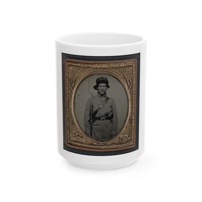Unidentified Soldier In Union Frock Coat And Havelock Hat Combination With Bayoneted Model 1842 Musket, Knife, And Colt Revolver (U.S. Civil War) White Coffee Mug