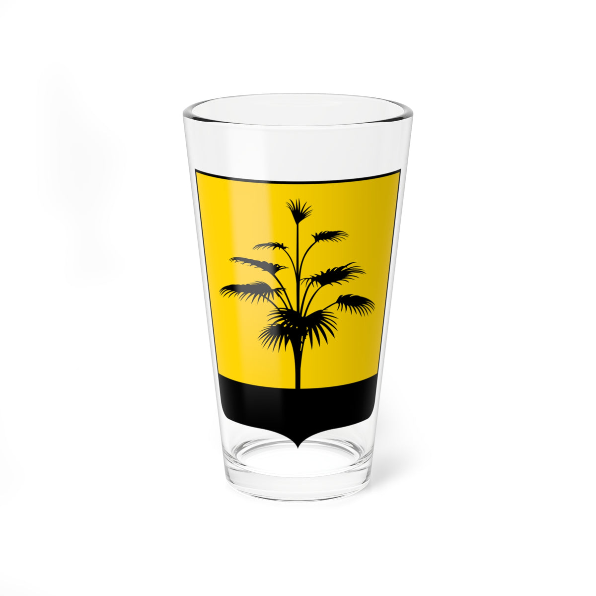 Black palm tree silhouette on a yellow heraldic shield with a solid black band along the lower base.