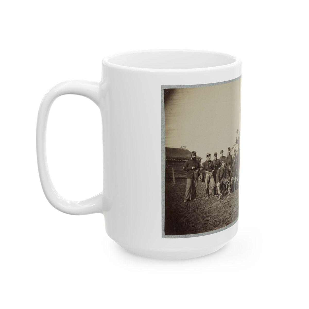 Group Of Soldiers Gathered Outside A Cabin (U.S. Civil War) White Coffee Mug