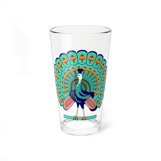 Stylised turquoise peacock with a fanned tail of orange eye-spot feathers standing on a teal perch.