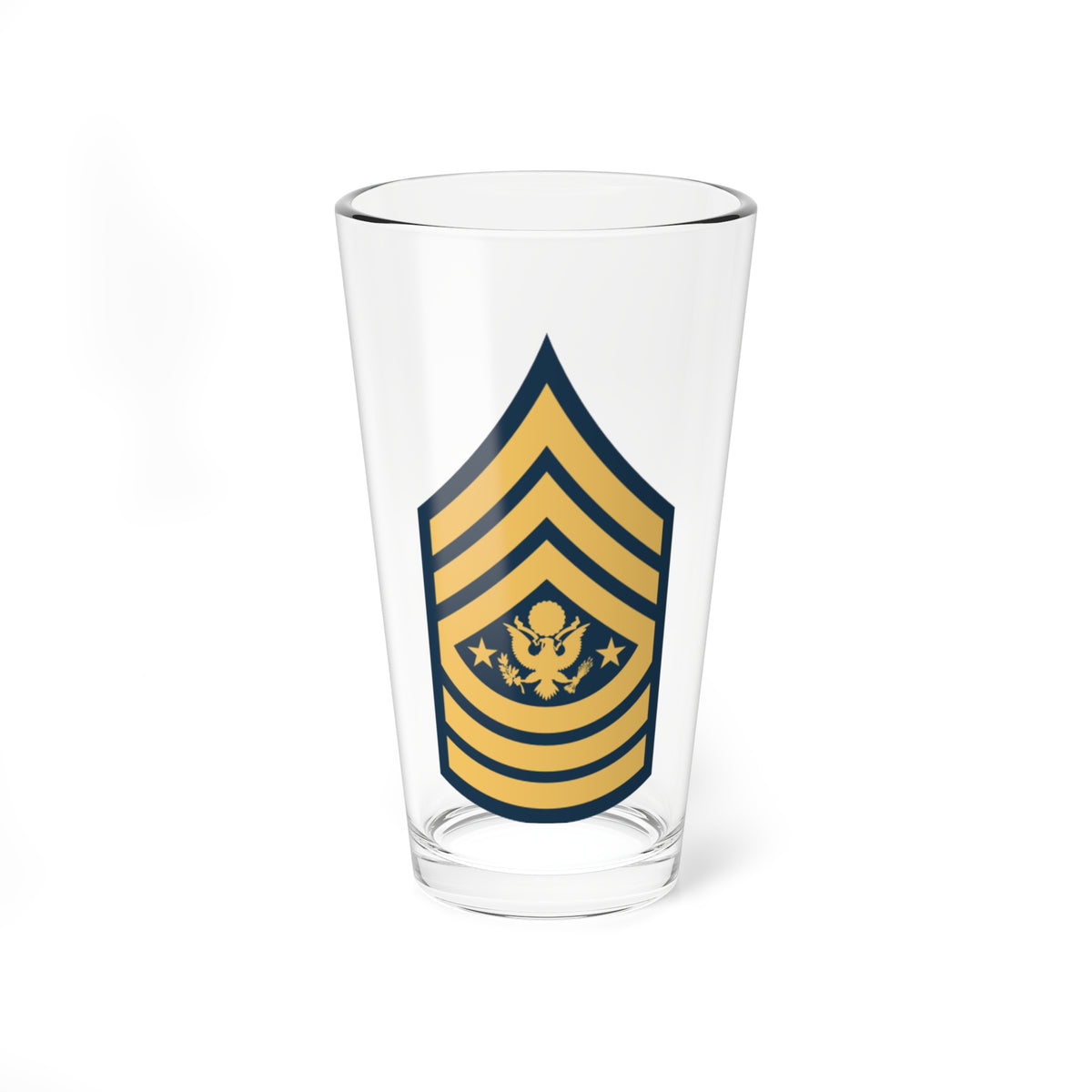 Navy arched insignia with three chevrons above a central eagle flanked by two five-pointed stars, all in gold.