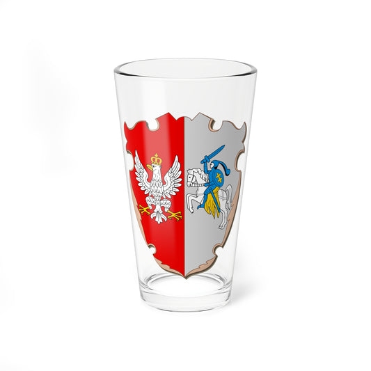 Notched heraldic shield, red and grey, with a crowned white eagle on the left and a knight in blue at right.