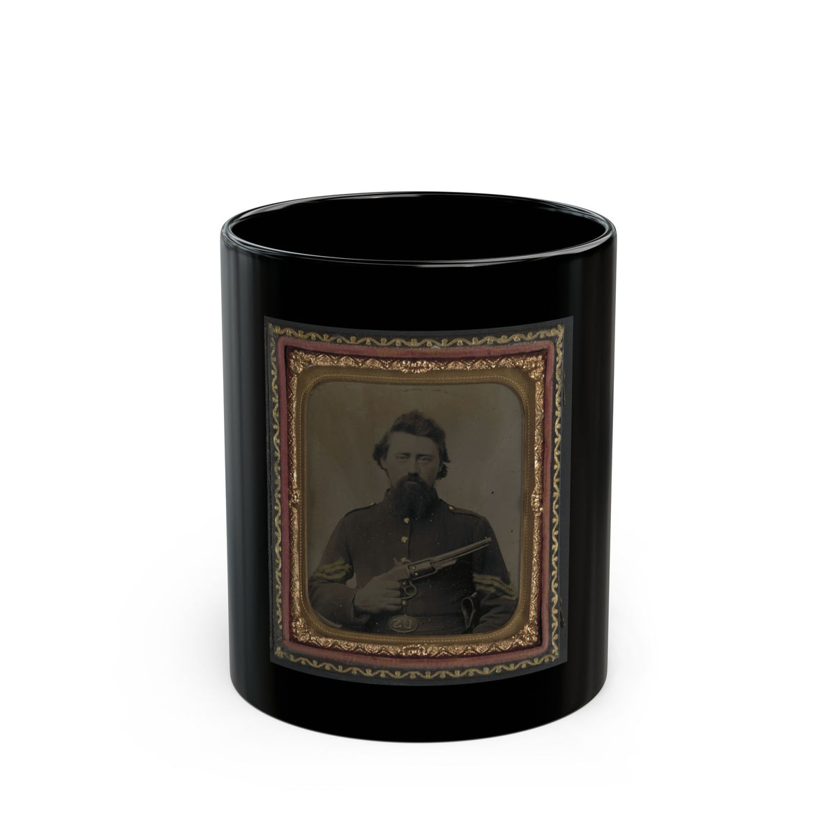 Unidentified Soldier In Union Sergeant's Uniform And U.S. Belt Buckle With Savage Revolver (U.S. Civil War) Black Coffee Mug