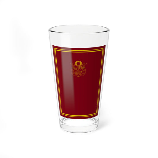 Maroon panel with a double gold rule border and a small gold line-art coat of arms centred near the top.