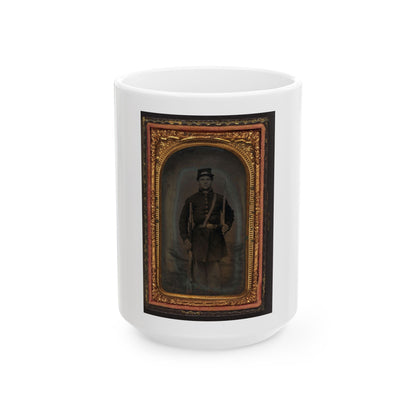 Unidentified Soldier In Union Frock Coat And Forage Cap With Saber And Musket (U.S. Civil War) White Coffee Mug