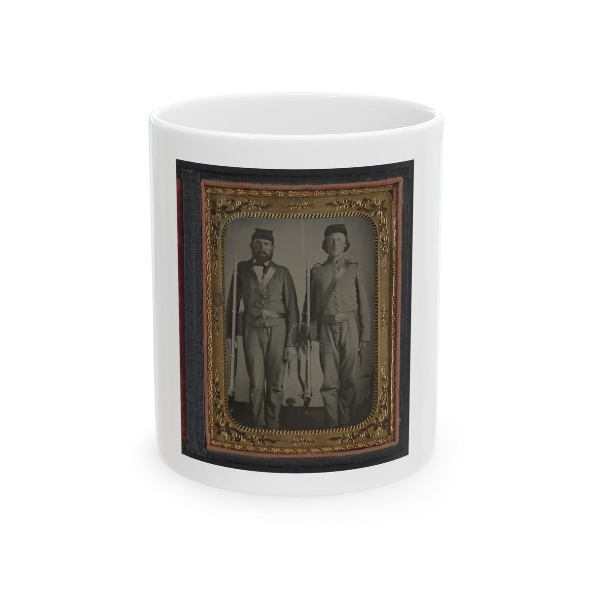 Two Unidentified Soldiers In Union Uniforms And Ohio Volunteer Belt Buckles With Bayoneted Muskets (U.S. Civil War) White Coffee Mug