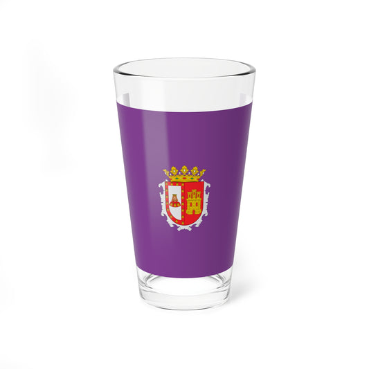 Small flat coat of arms with a gold crown and castles on a red and white shield, centred on a solid purple field.