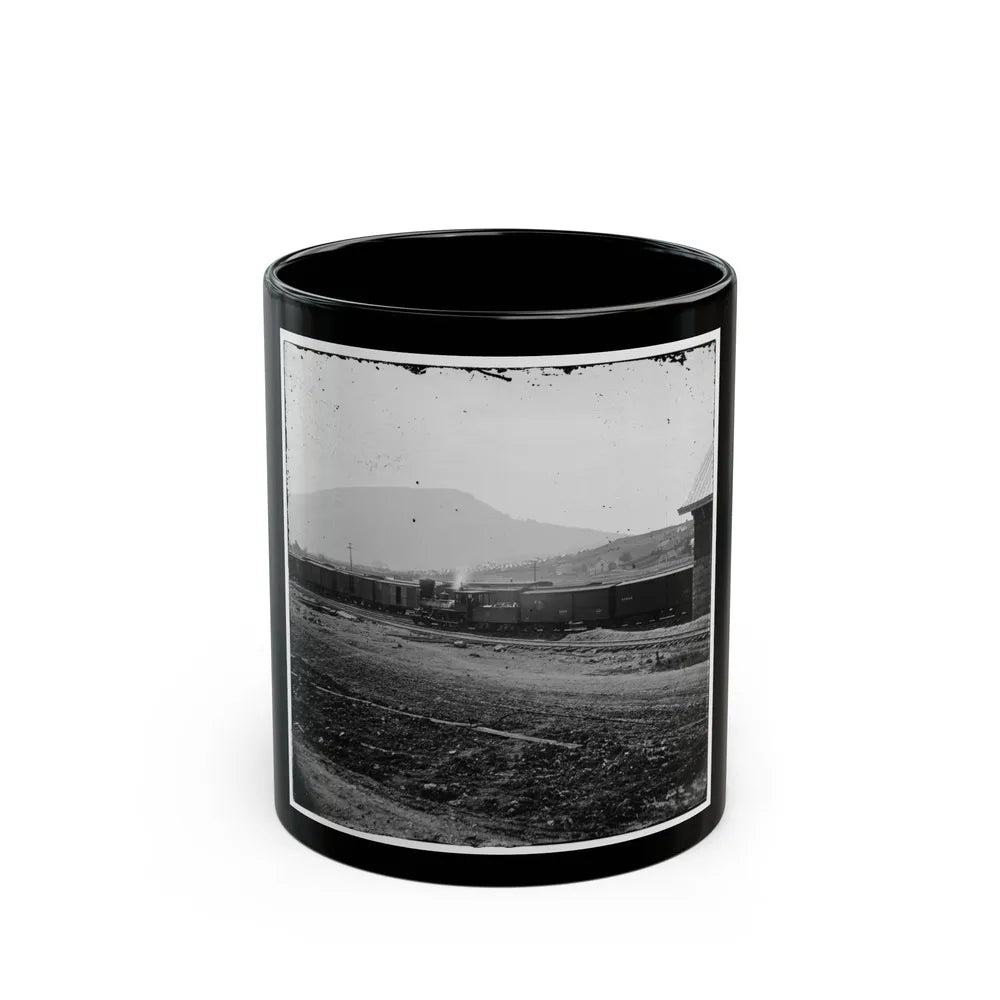 Chattanooga, Tenn. U.S. Military Train At Depot; Lookout Mountain In Background (U.S. Civil War) Black Coffee Mug-11oz-Go Mug Yourself