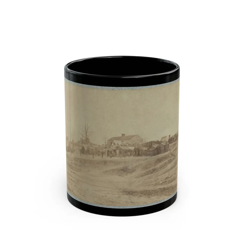 A Camp Made Up Of Small Cabins That Surround A Large Building (U.S. Civil War) Black Coffee Mug-11oz-Go Mug Yourself