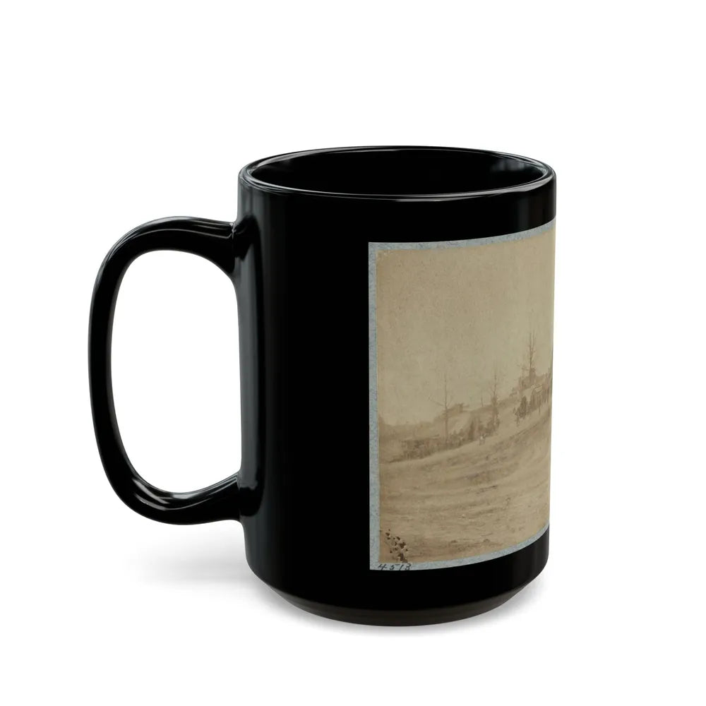 A Camp Made Up Of Small Cabins That Surround A Large Building (U.S. Civil War) Black Coffee Mug-Go Mug Yourself