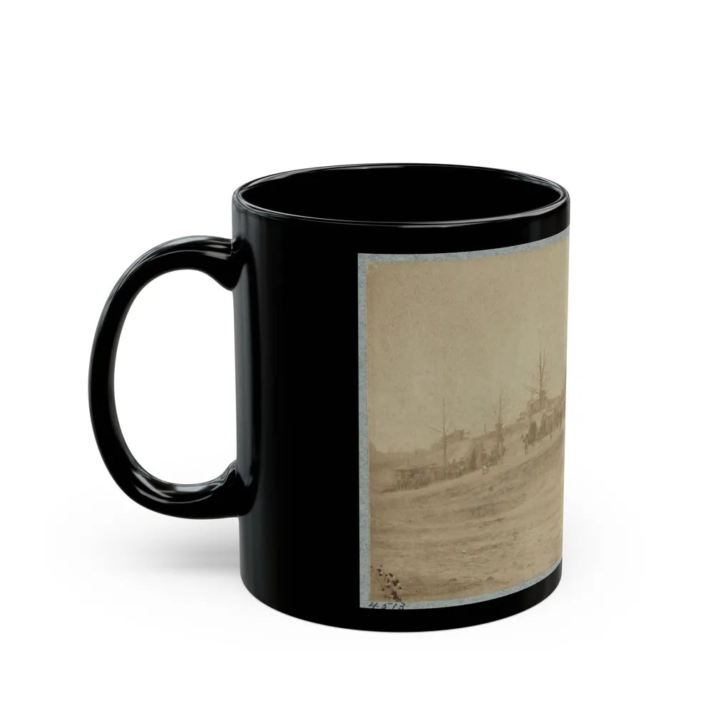 A Camp Made Up Of Small Cabins That Surround A Large Building (U.S. Civil War) Black Coffee Mug-Go Mug Yourself