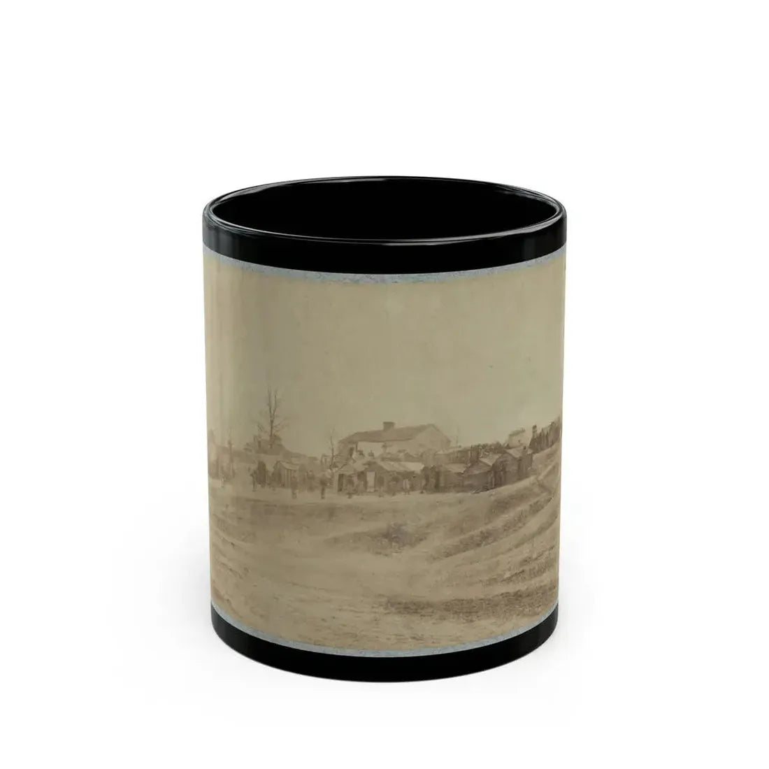 A Camp Made Up Of Small Cabins That Surround A Large Building (U.S. Civil War) Black Coffee Mug 11oz - Go Mug Yourself