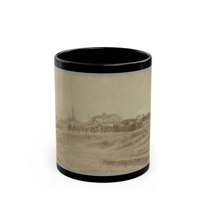 A Camp Made Up Of Small Cabins That Surround A Large Building (U.S. Civil War) Black Coffee Mug 11oz - Go Mug Yourself