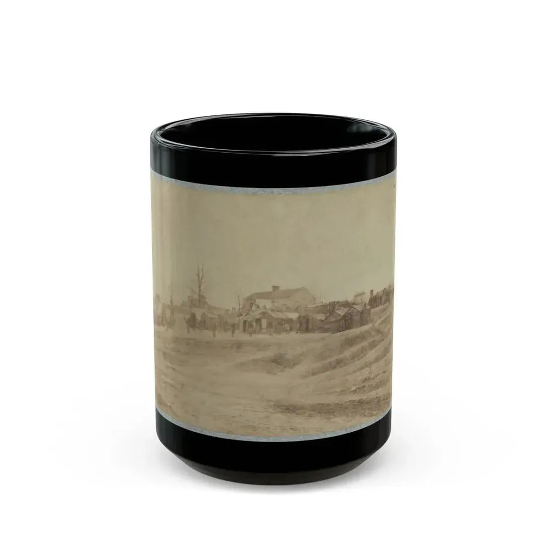 A Camp Made Up Of Small Cabins That Surround A Large Building (U.S. Civil War) Black Coffee Mug 15oz - Go Mug Yourself